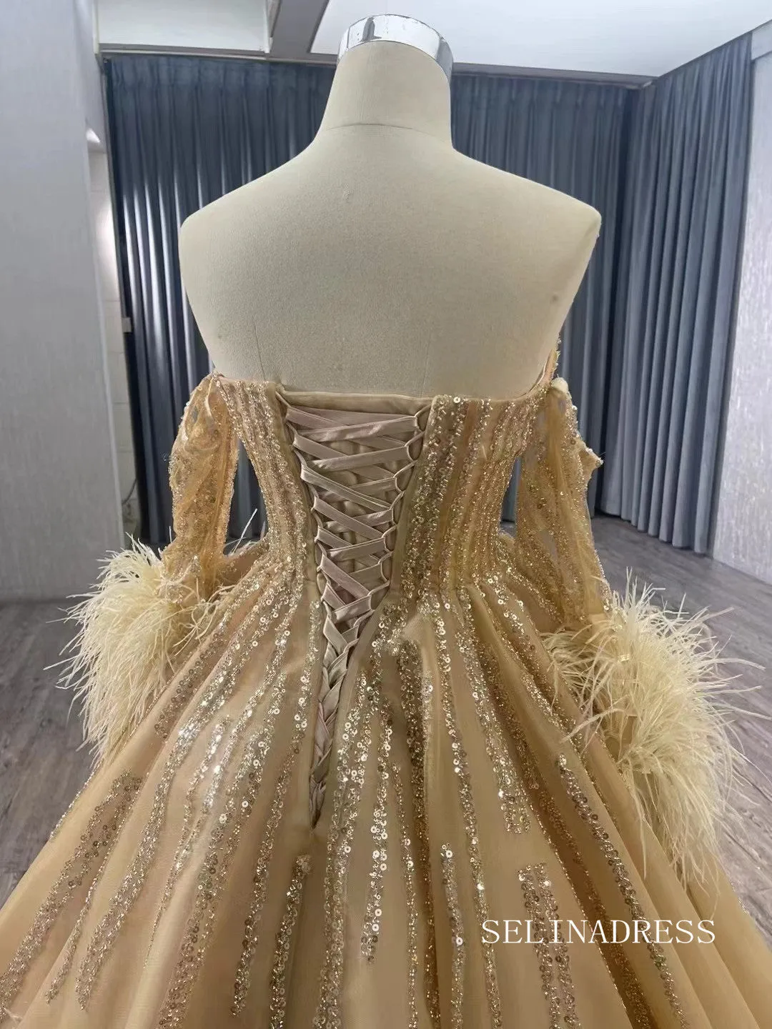 Champagne Beaded Feather Wedding Dress Removable Sleeve Quinceanera Dress 241012