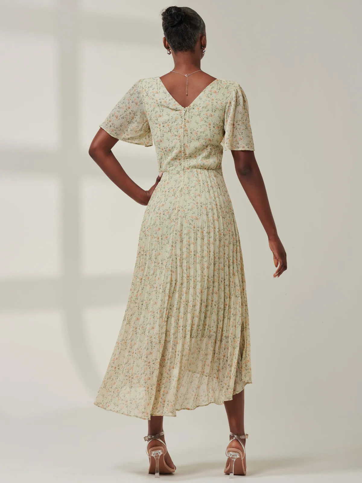 Chelsea Pleated Chiffon Dip Hem Maxi Dress, Green Floral