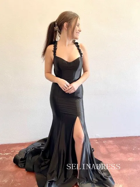 Chic Gorgeous Mermaid Spaghetti Straps Long Prom Dresses Black Evening Dresses sew0319