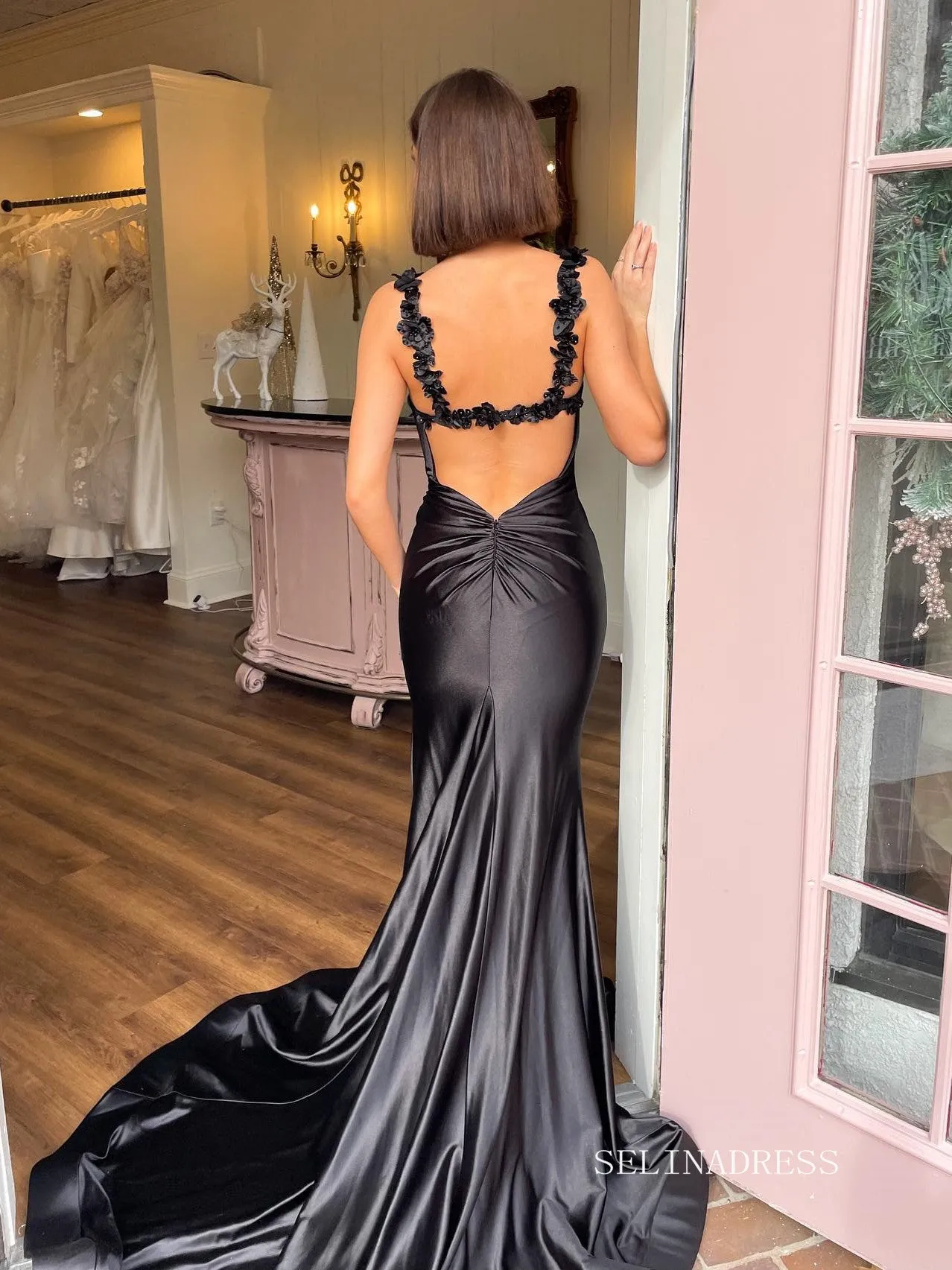 Chic Gorgeous Mermaid Spaghetti Straps Long Prom Dresses Black Evening Dresses sew0319