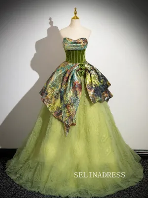 Chic Green Flower Princess Dresses Elegant Ball Gown Strapless Evening Gowns TKL2506