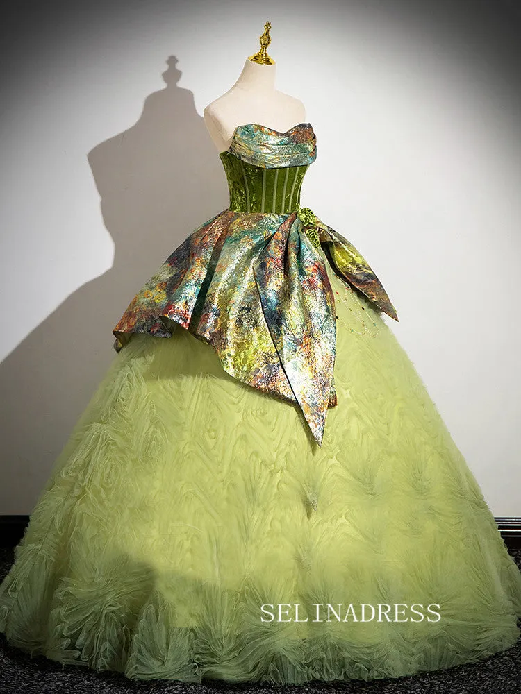Chic Green Flower Princess Dresses Elegant Ball Gown Strapless Evening Gowns TKL2506