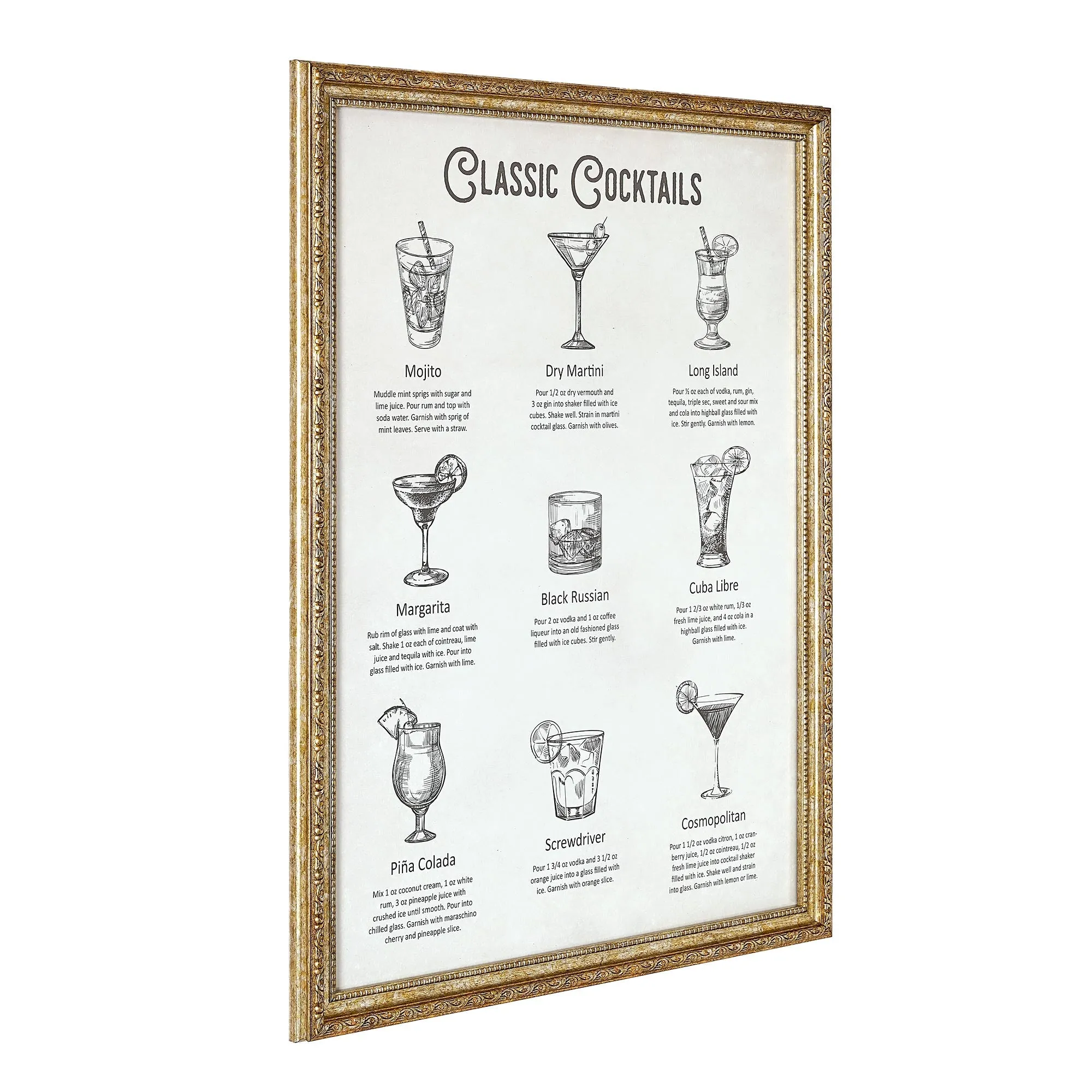 Classic Cocktails Printed Glass Framed Wall Decor