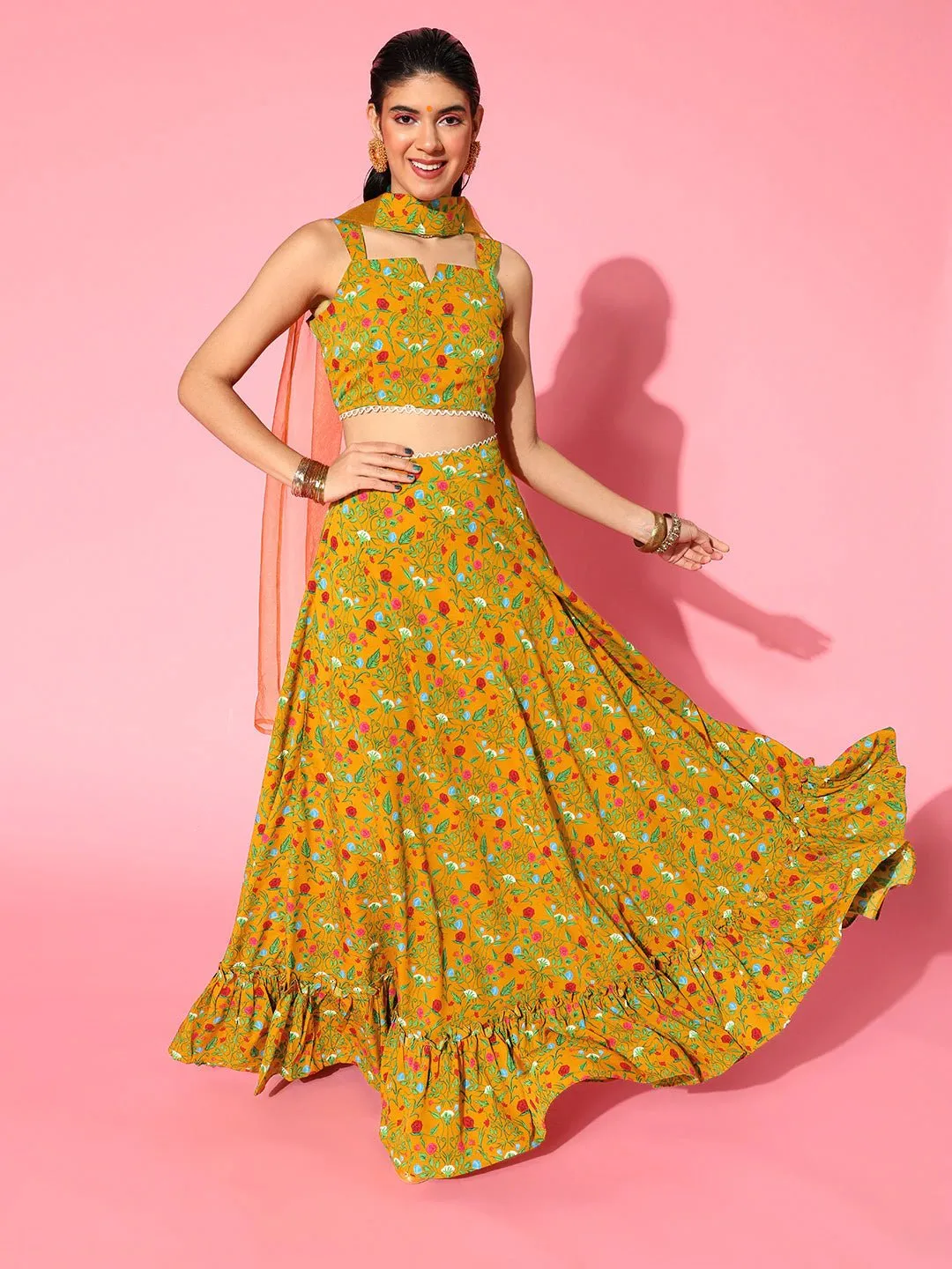 Classic Mustard Printed Semi-Stitched Lehenga Choli with Dupatta
