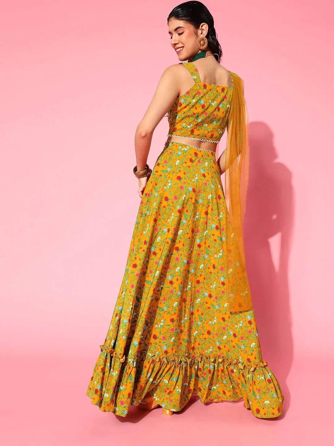 Classic Mustard Printed Semi-Stitched Lehenga Choli with Dupatta