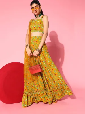 Classic Mustard Printed Semi-Stitched Lehenga Choli with Dupatta
