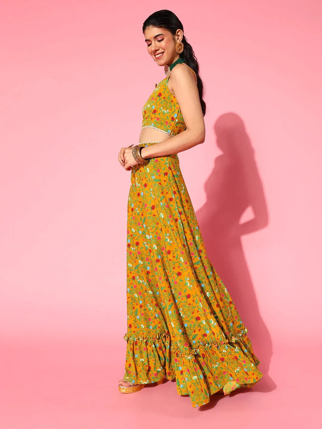 Classic Mustard Printed Semi-Stitched Lehenga Choli with Dupatta