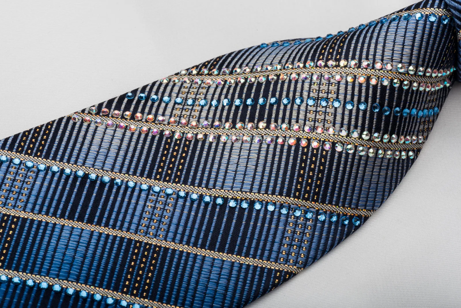 Daks Rhinestone Silk Necktie Golden Stripes On Blue With Gold Sparkles