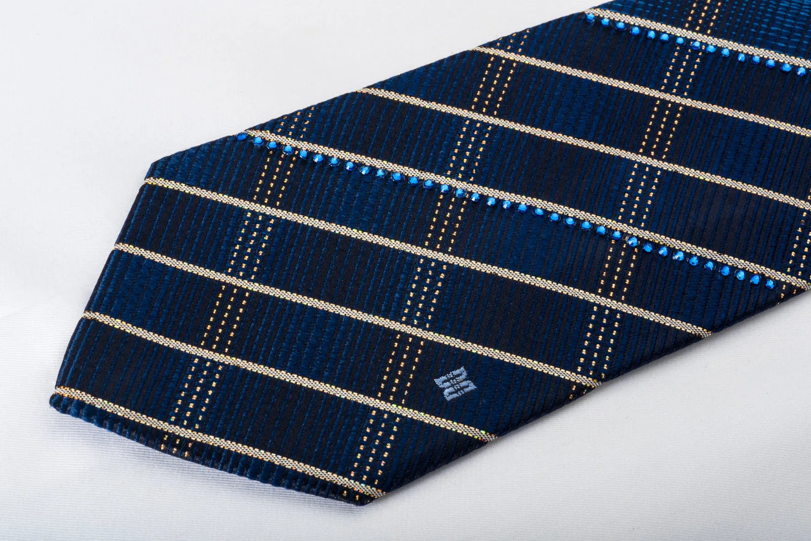 Daks Rhinestone Silk Necktie Golden Stripes On Blue With Gold Sparkles