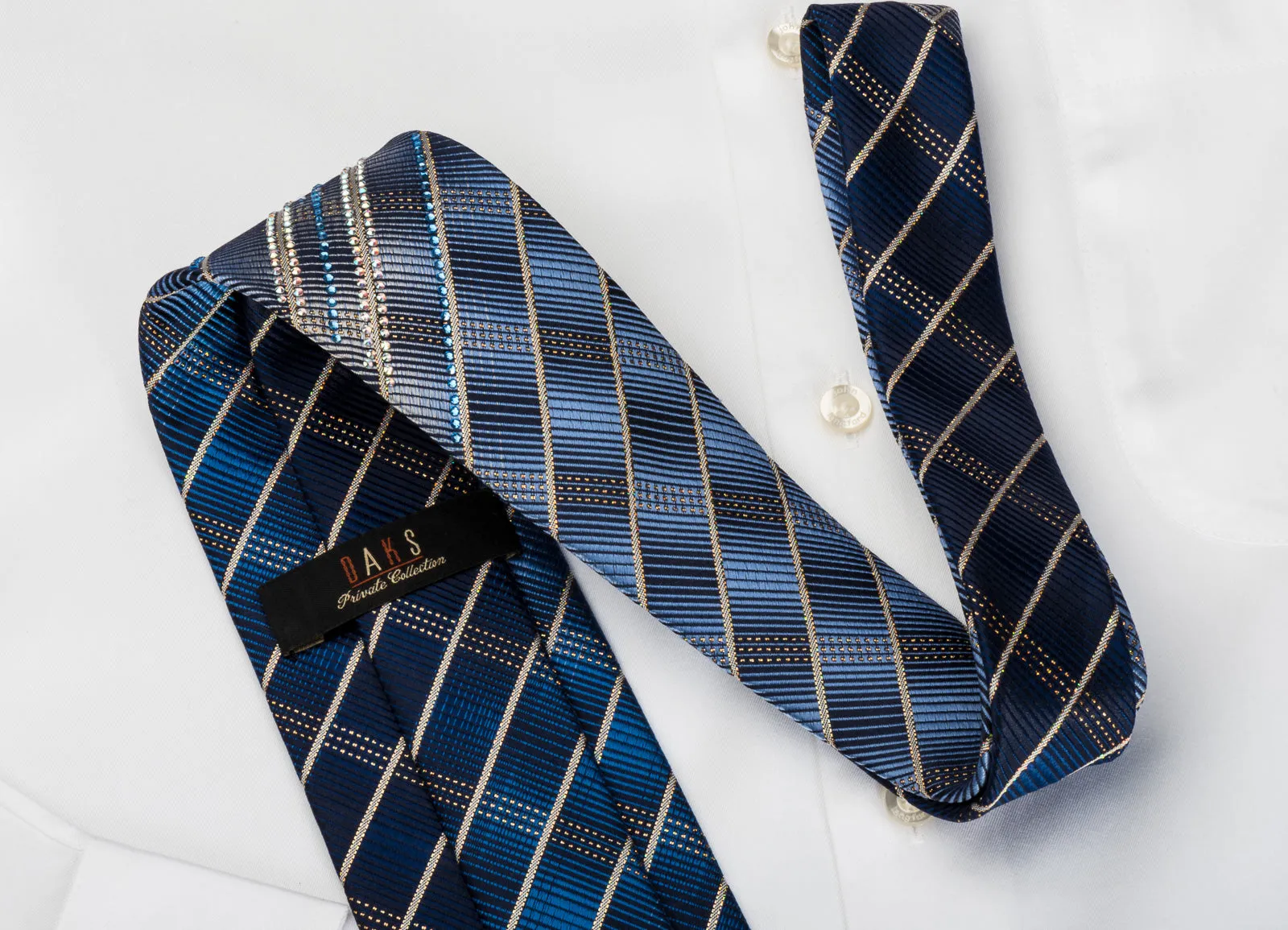 Daks Rhinestone Silk Necktie Golden Stripes On Blue With Gold Sparkles
