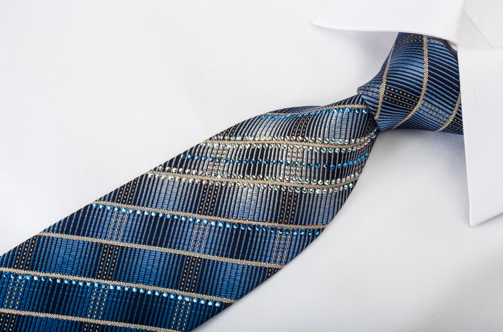 Daks Rhinestone Silk Necktie Golden Stripes On Blue With Gold Sparkles