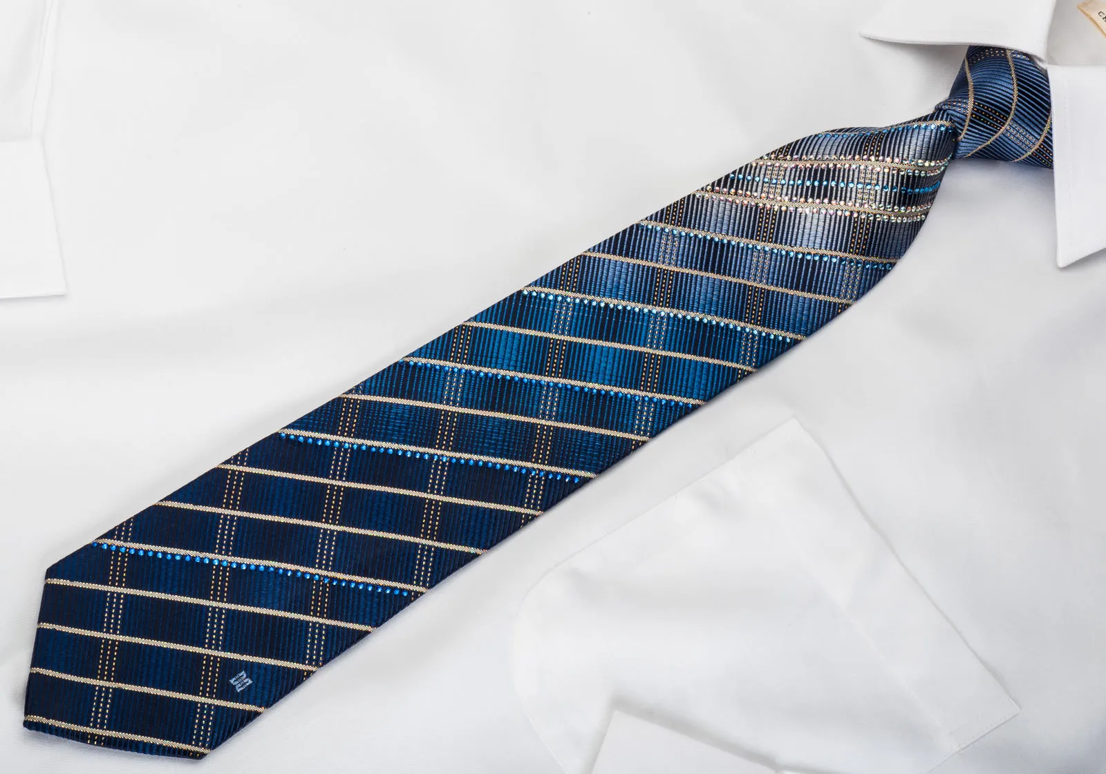 Daks Rhinestone Silk Necktie Golden Stripes On Blue With Gold Sparkles