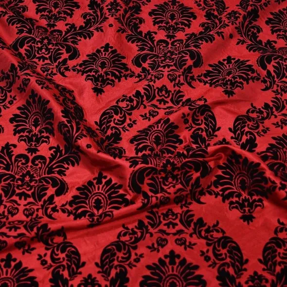 Damask Flocking Taffeta Wholesale Fabric in Black on Red