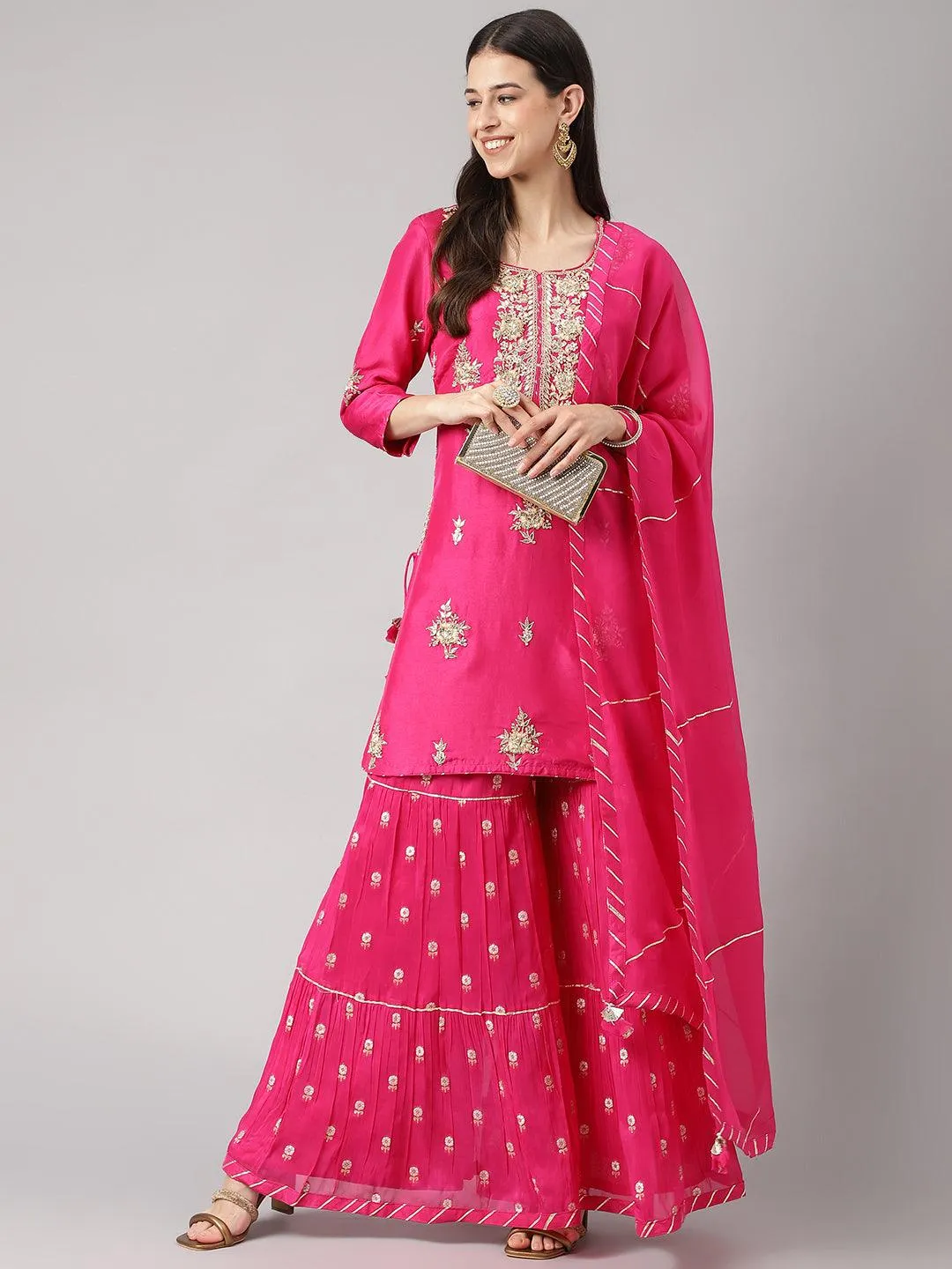 Dark Pink Russian Silk Hand Embroidery Kurta Sharara With Organza Dupatta
