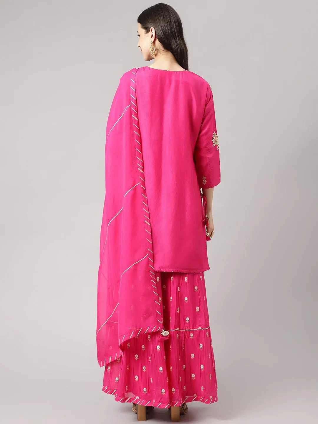 Dark Pink Russian Silk Hand Embroidery Kurta Sharara With Organza Dupatta
