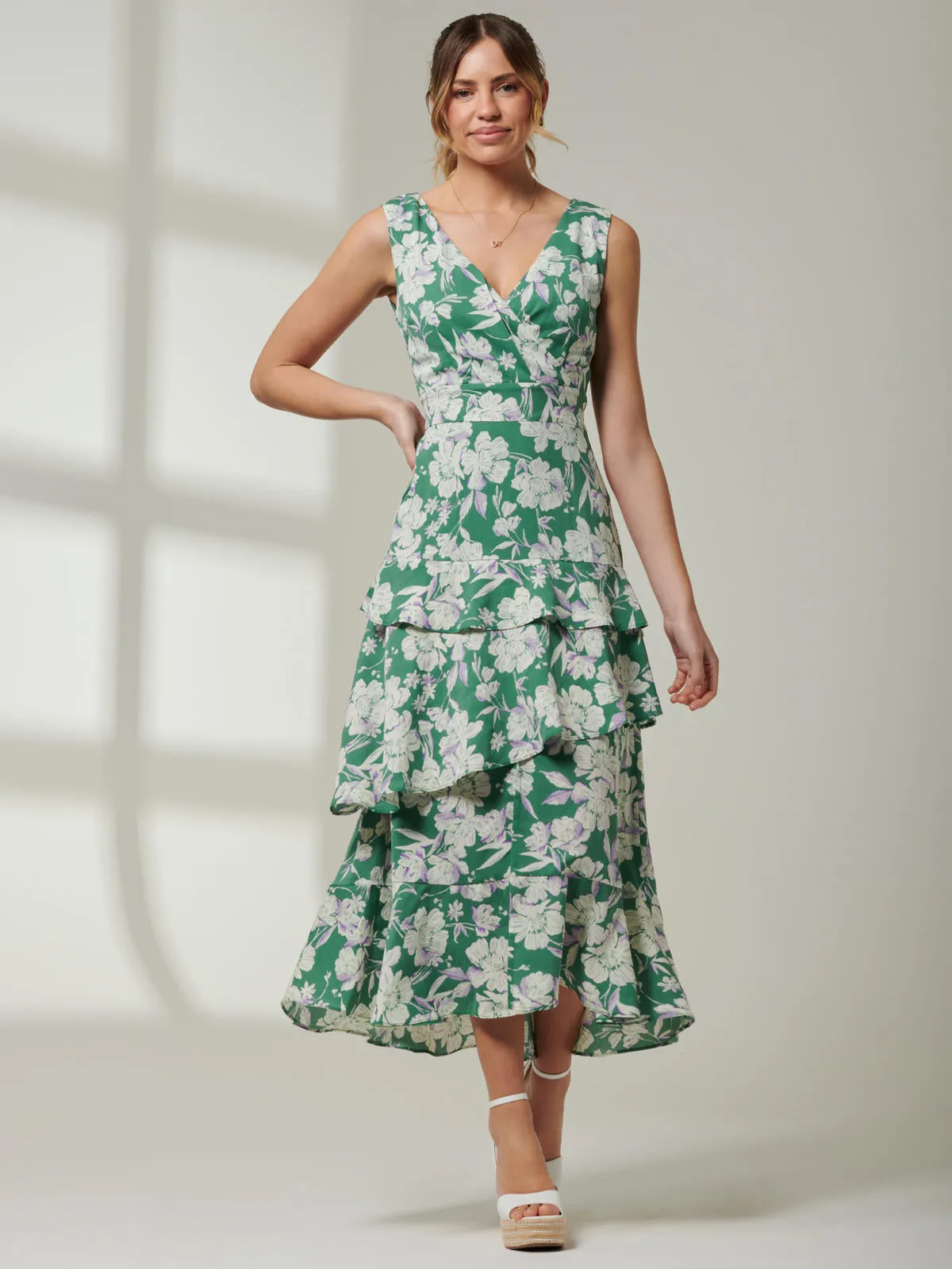 Della Crepe Frill Hem Maxi Dress, Green Floral