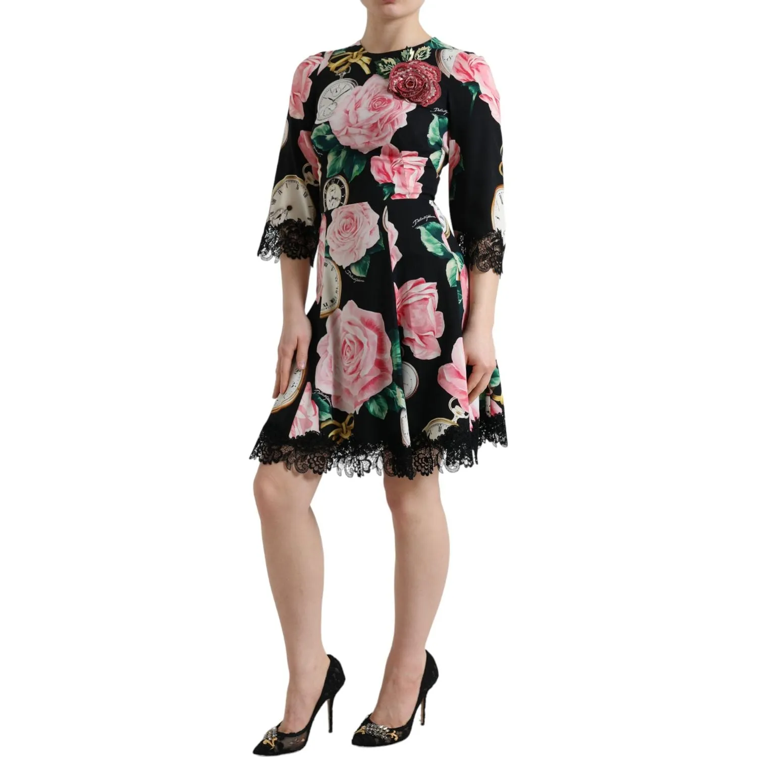 Dolce & Gabbana Enchanting Floral A-Line Dress with Sequined Detail
