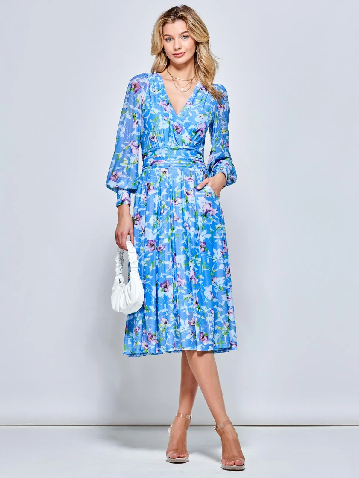 Floral Long Sleeve Mesh Midi Dress, Blue Floral