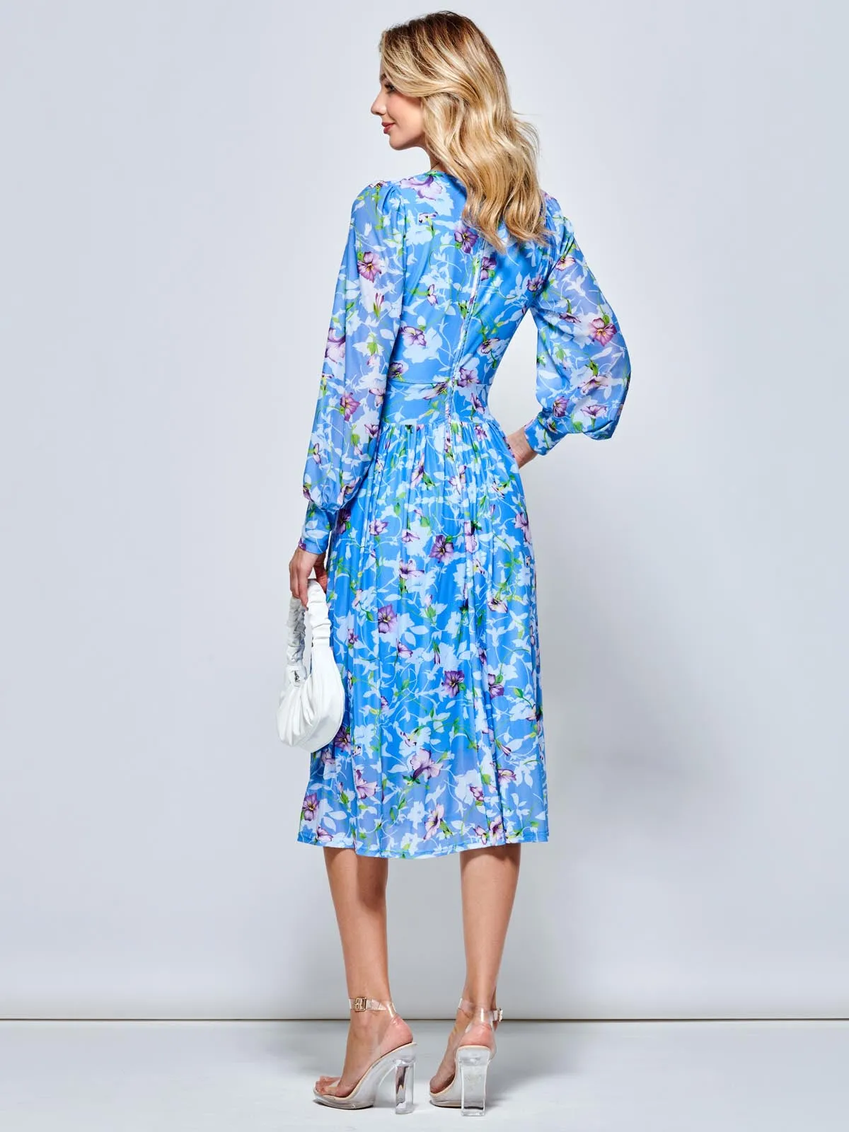 Floral Long Sleeve Mesh Midi Dress, Blue Floral