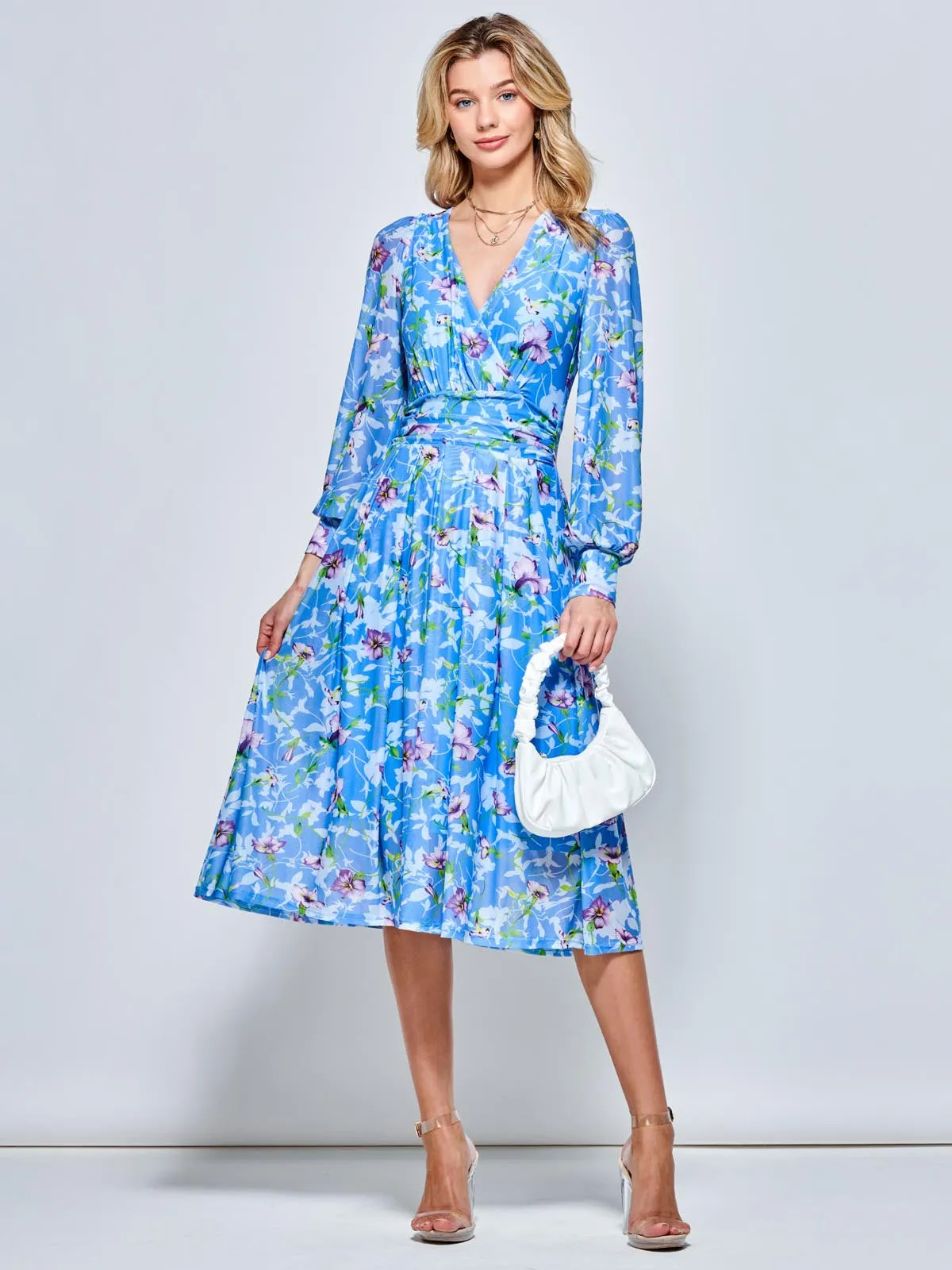 Floral Long Sleeve Mesh Midi Dress, Blue Floral
