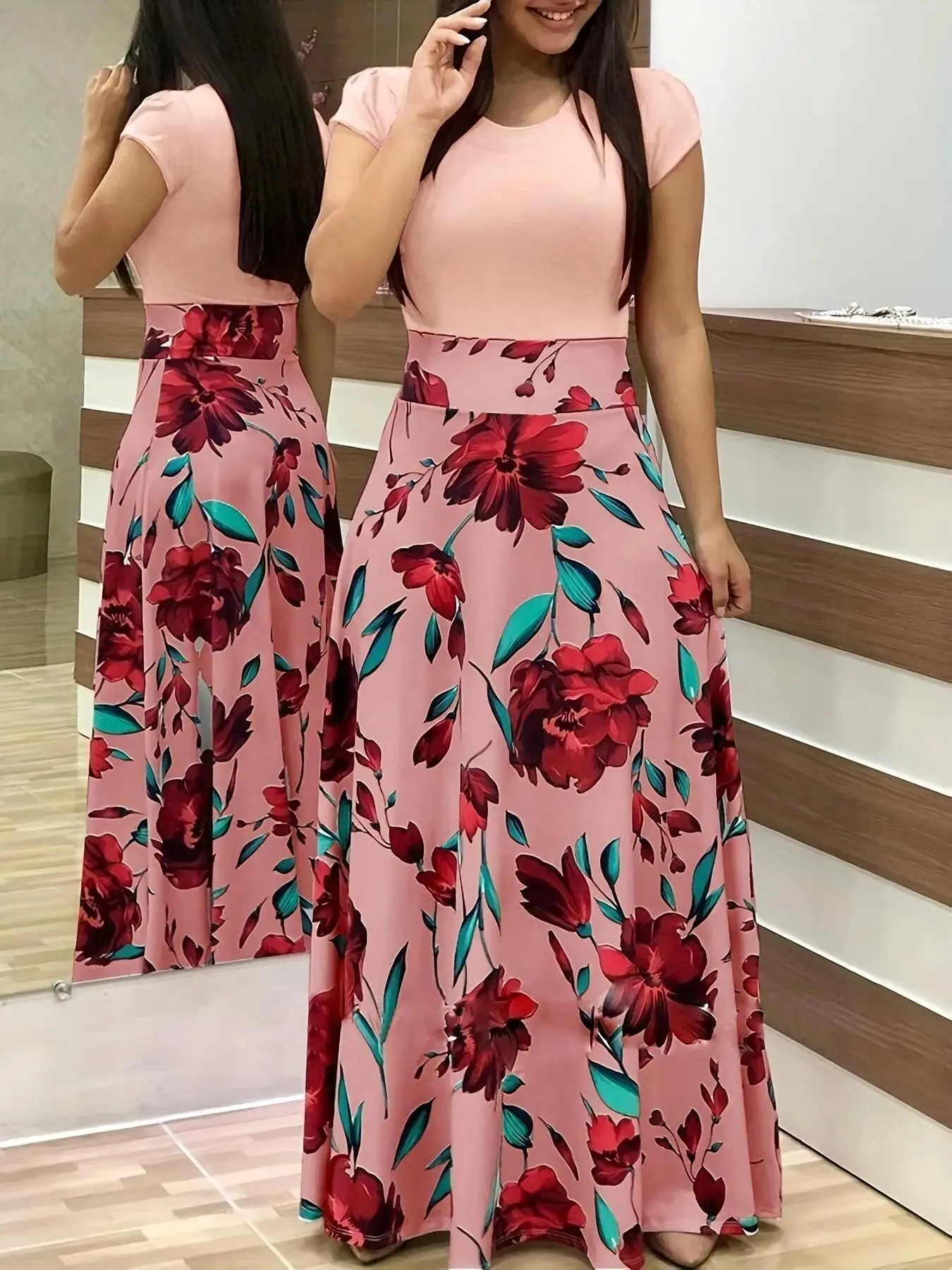 flower print color matching short sleeved dress