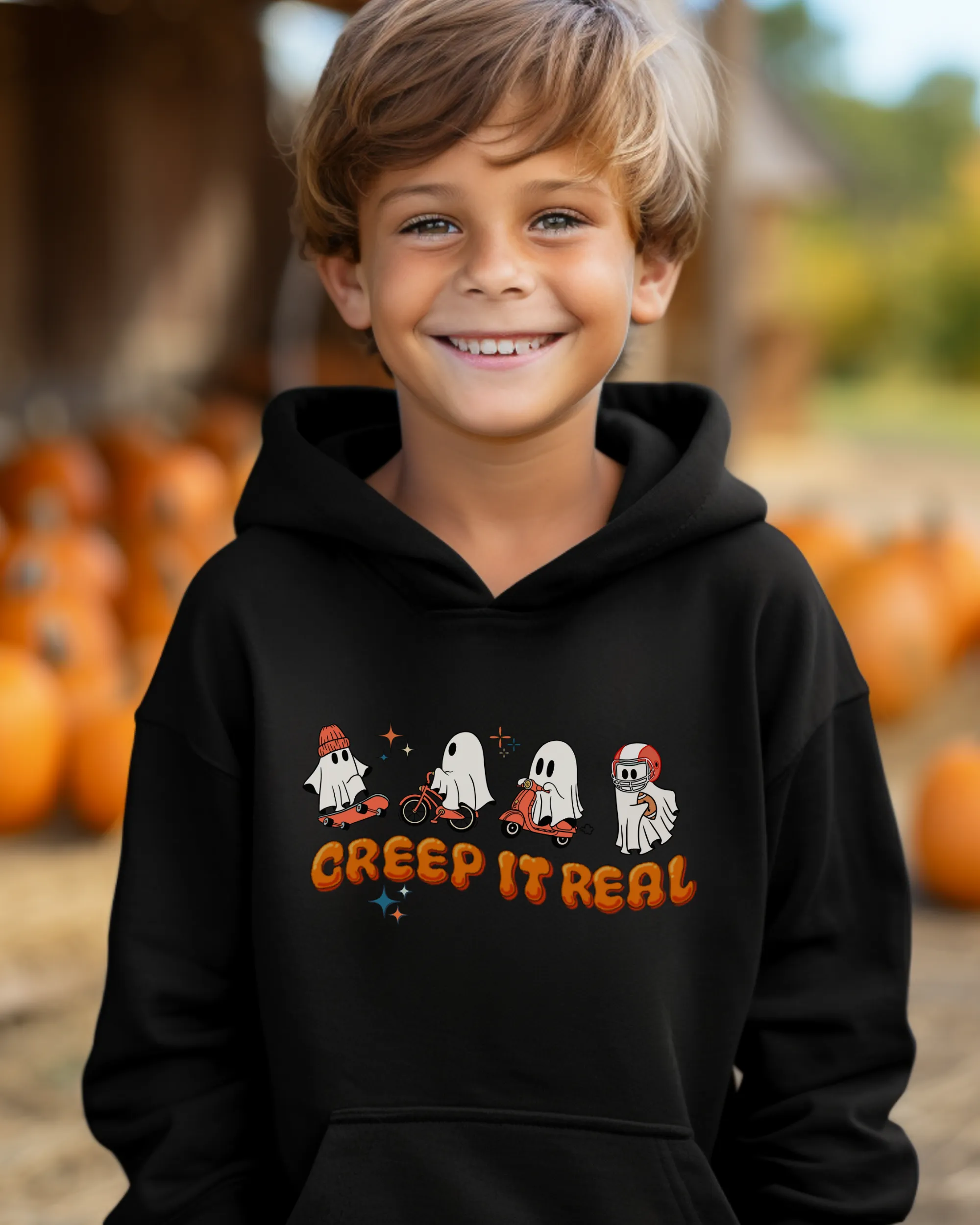 Free Shipping! Kids Halloween Hoodie, Creep It Real Hooded Sweatshirt, Boys or Girls Retro Sports, Colorful Design