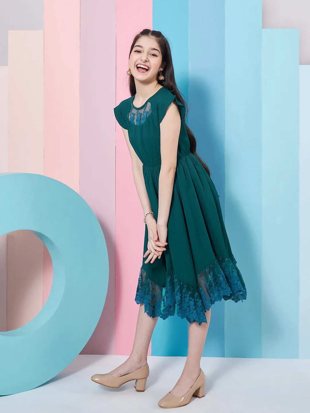 Girls Extended Sleeve Lace Inserts Fit Flare Dress