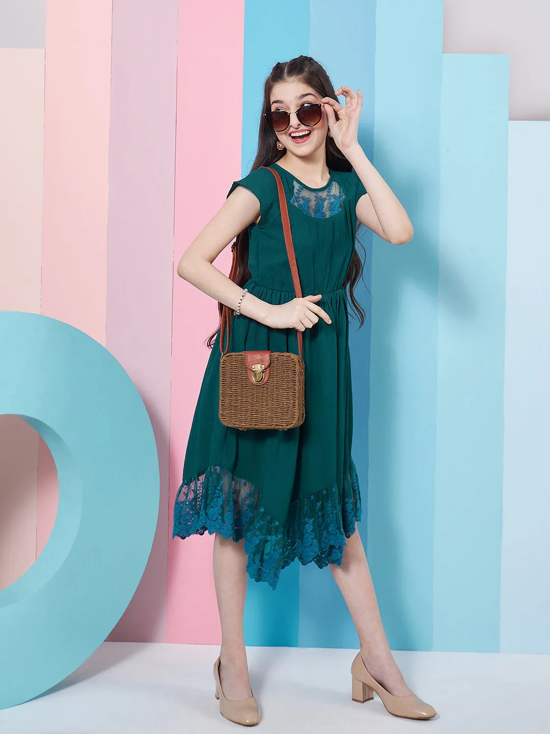 Girls Extended Sleeve Lace Inserts Fit Flare Dress