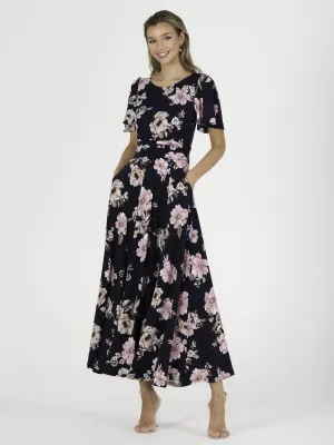 Hailey Jersey Angel Sleeve Maxi Dress, Navy Floral