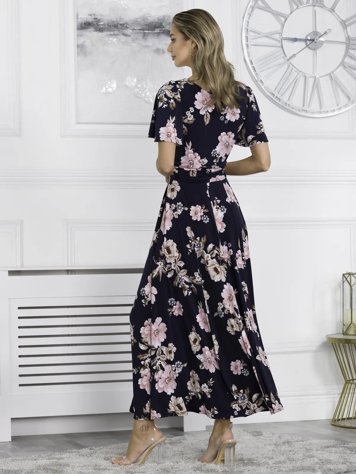 Hailey Jersey Angel Sleeve Maxi Dress, Navy Floral