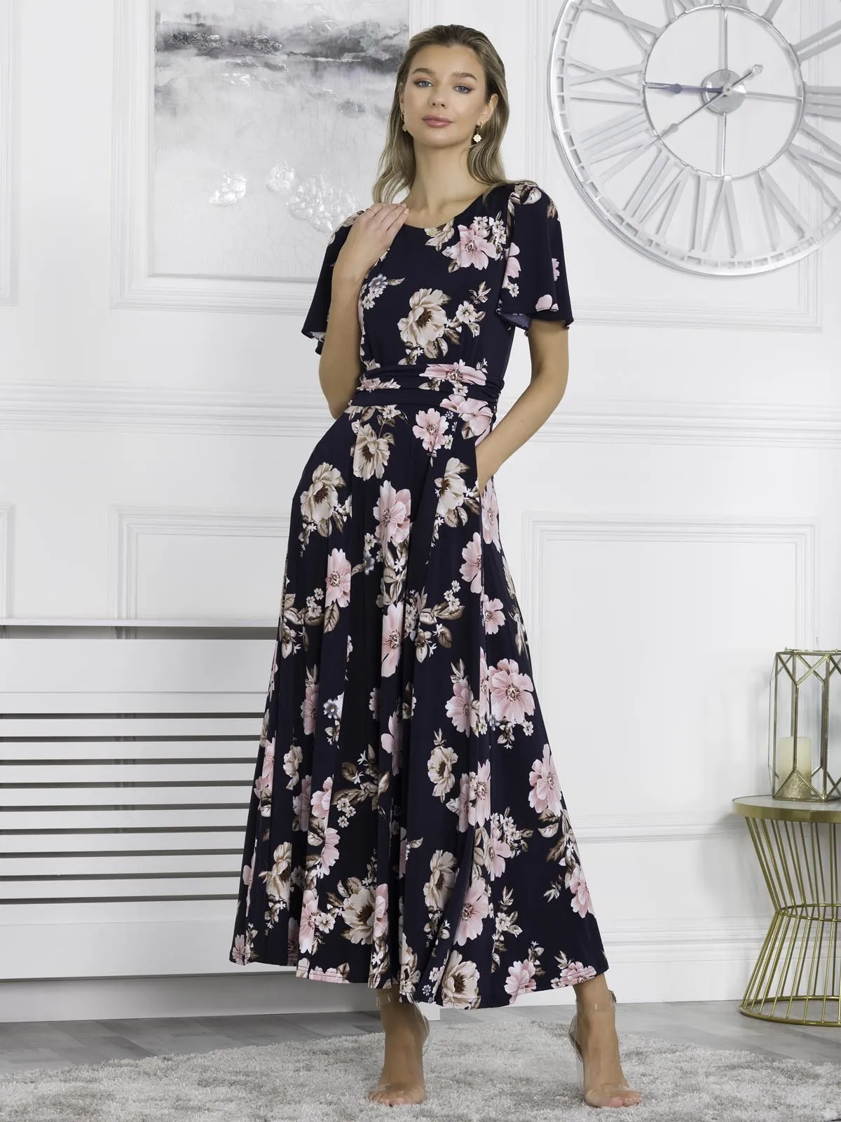 Hailey Jersey Angel Sleeve Maxi Dress, Navy Floral