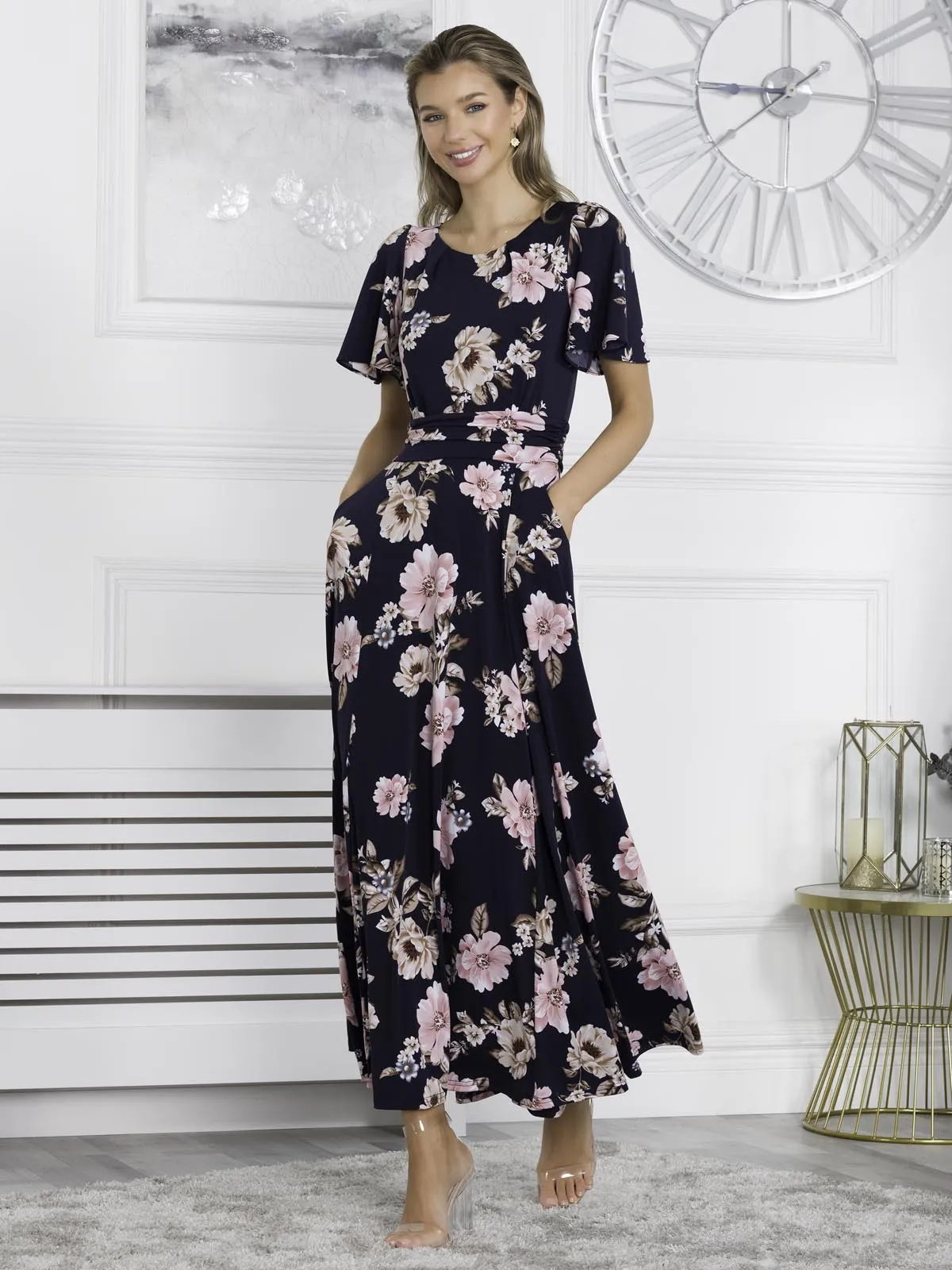 Hailey Jersey Angel Sleeve Maxi Dress, Navy Floral