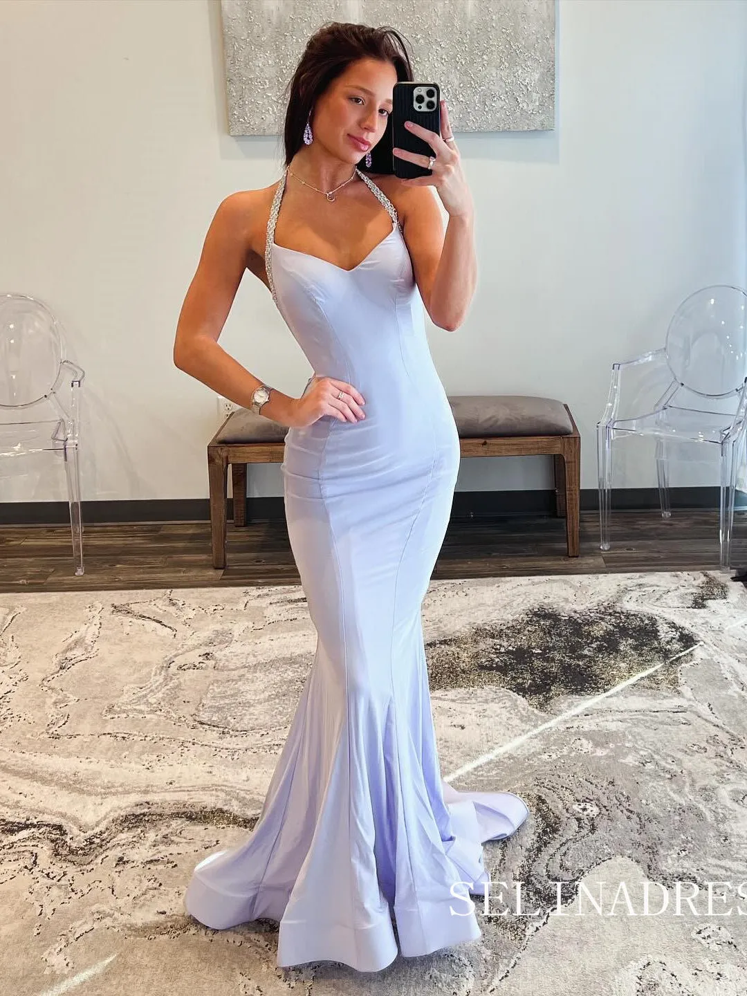 Halter Mermaid Lavender Long Prom Dress Evening Dress sew0614