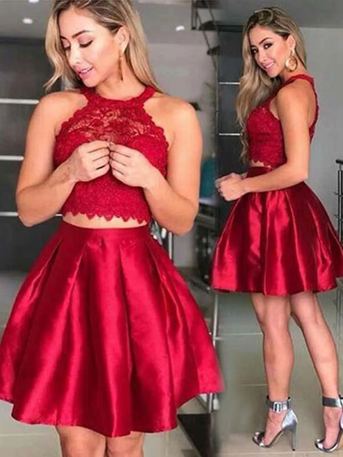Halter Neck Two Pieces Short Red Lace Prom Dresses, 2 Pieces Short Red Lace Formal Homecoming Dresses