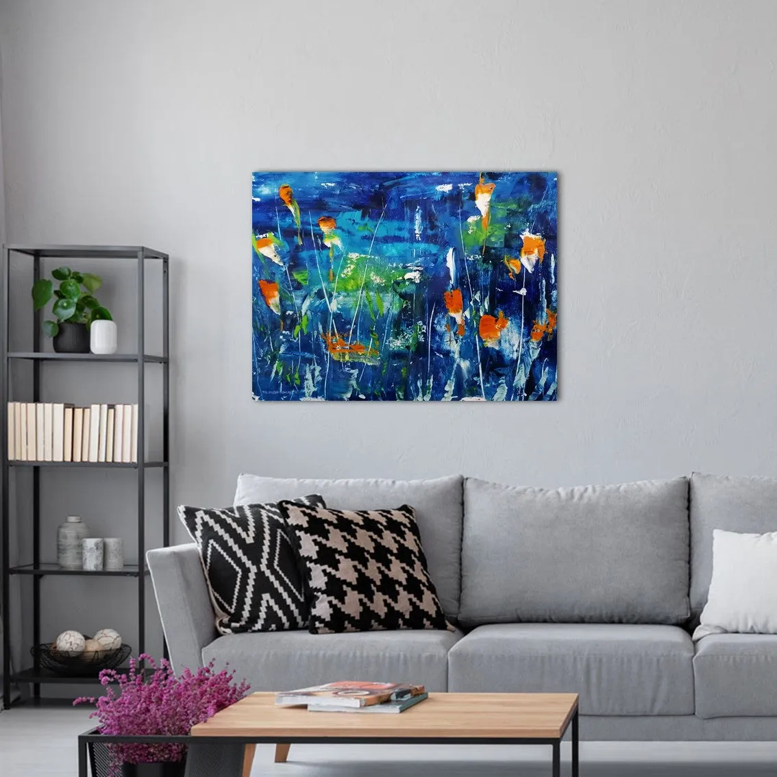 Horizontal dark blue & orange abstract floral wall art print