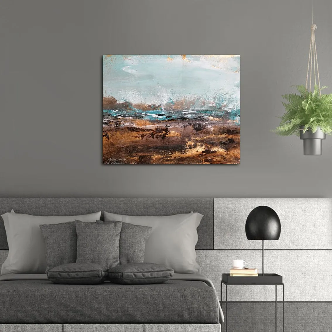 Horizontal pale blue & gold abstract wall art print