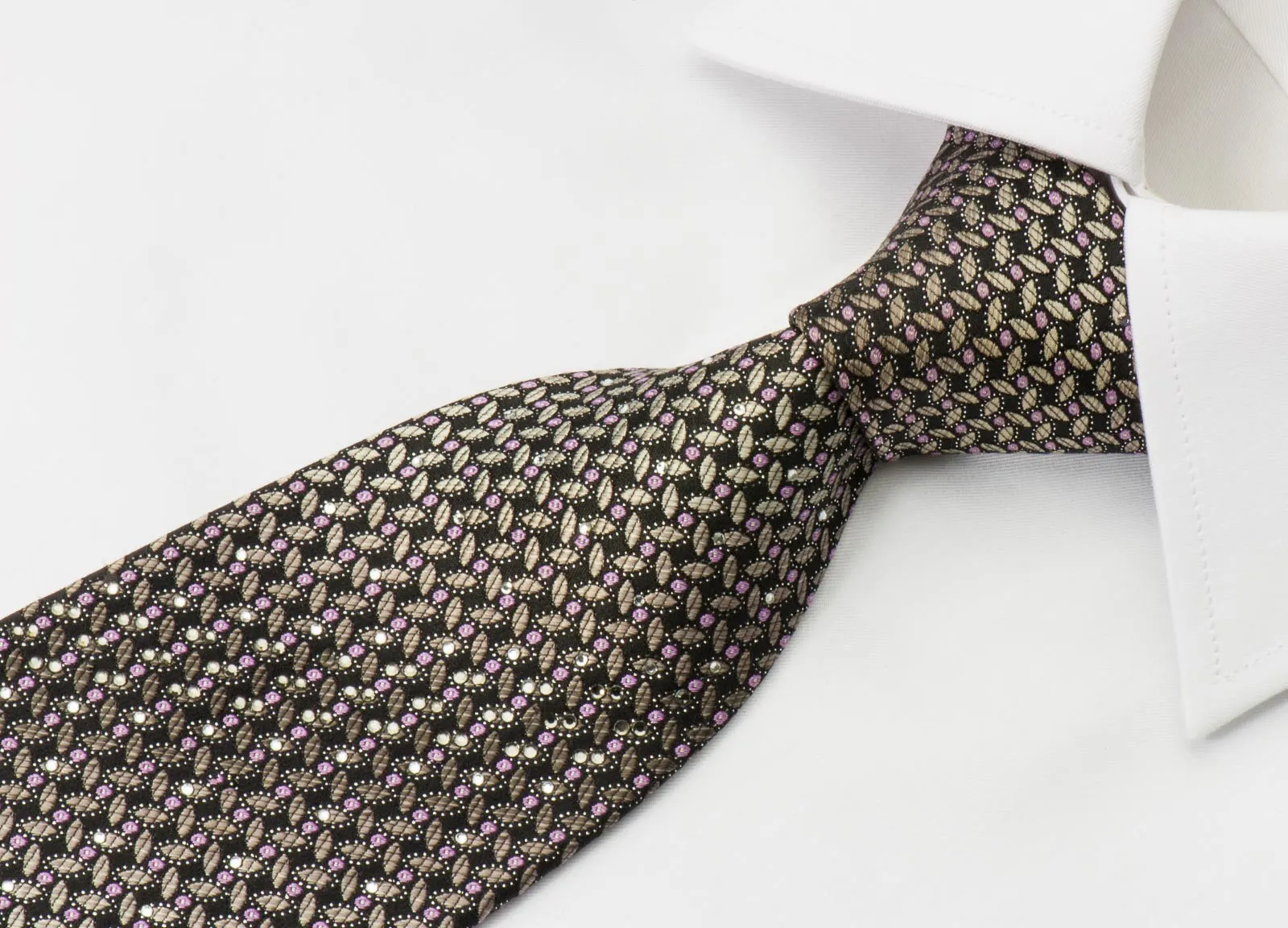 Indian Homme Men's Rhinestone Silk Necktie Silver Geometric Design On Black With Silver Sparkles