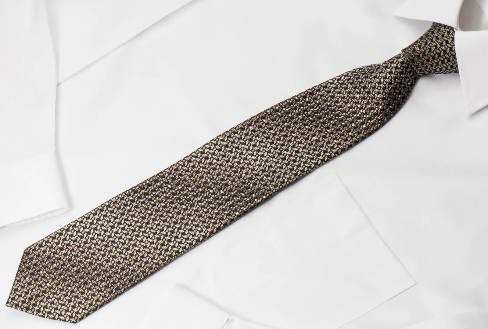 Indian Homme Men's Rhinestone Silk Necktie Silver Geometric Design On Black With Silver Sparkles