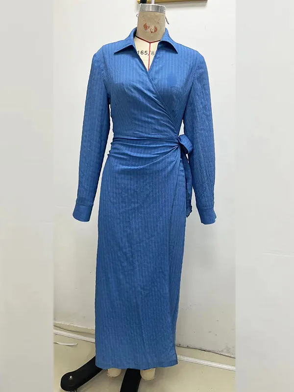 Long Sleeves Loose Asymmetric Solid Color Tied Lapel Maxi Dresses
