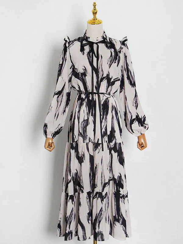 Long Sleeves Loose Elasticity Hollow Printed Split-Joint Tied Mock Neck Midi Dresses