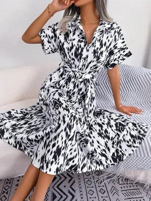 Loose Short Sleeves Leopard Ribbed Lapel Midi Dresses