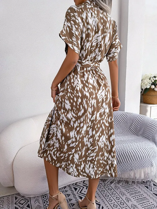 Loose Short Sleeves Leopard Ribbed Lapel Midi Dresses