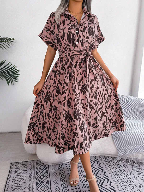 Loose Short Sleeves Leopard Ribbed Lapel Midi Dresses