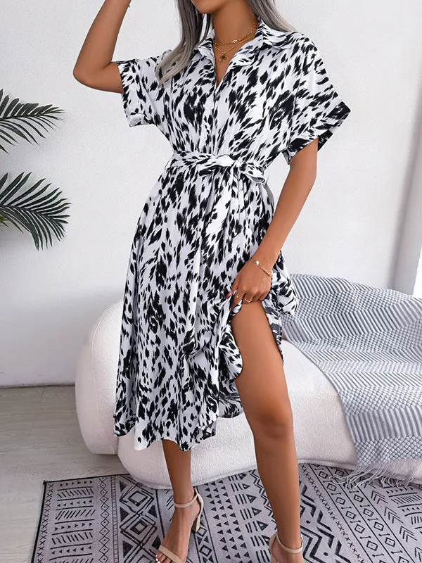 Loose Short Sleeves Leopard Ribbed Lapel Midi Dresses