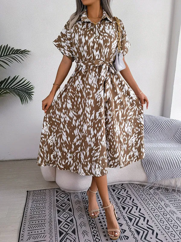 Loose Short Sleeves Leopard Ribbed Lapel Midi Dresses