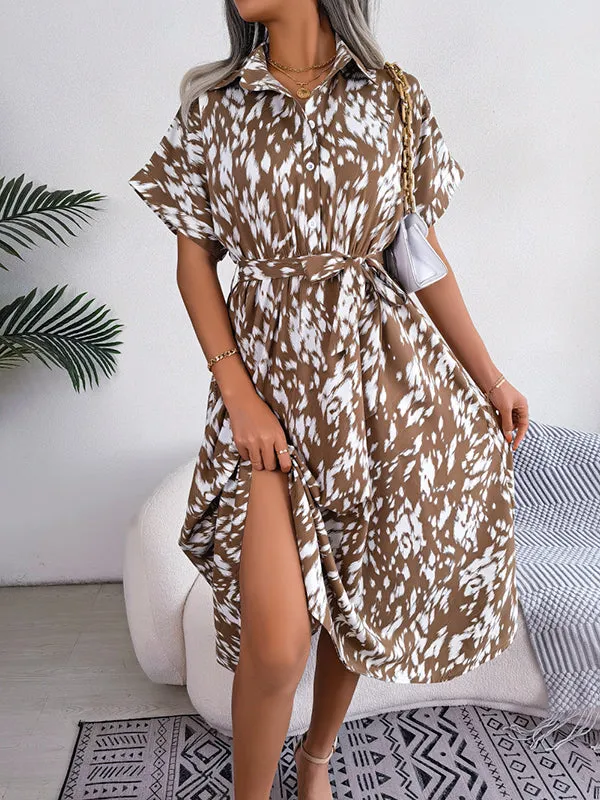 Loose Short Sleeves Leopard Ribbed Lapel Midi Dresses