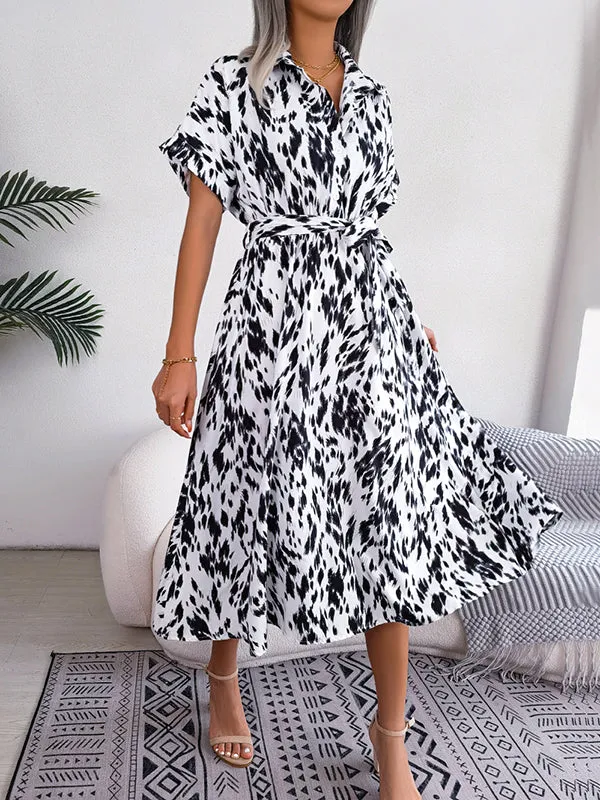 Loose Short Sleeves Leopard Ribbed Lapel Midi Dresses