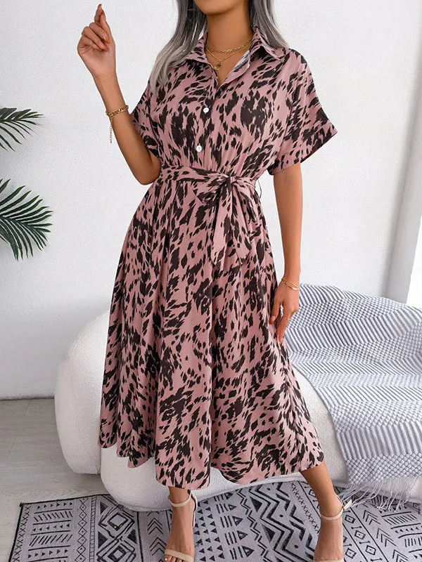 Loose Short Sleeves Leopard Ribbed Lapel Midi Dresses