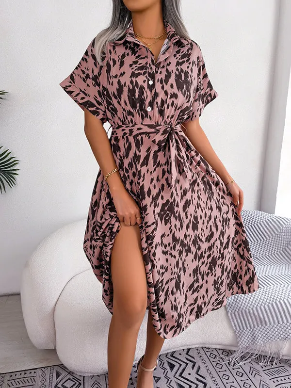 Loose Short Sleeves Leopard Ribbed Lapel Midi Dresses