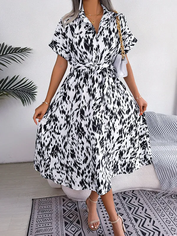 Loose Short Sleeves Leopard Ribbed Lapel Midi Dresses
